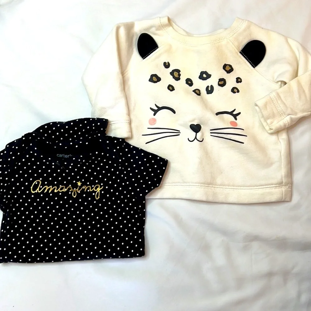 Carter’s Kids Cream Cat Sweatshirt & Black Polkadot Shor Sleeve Bundle Baby Girl